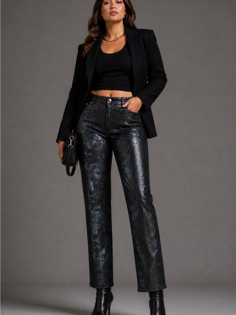 Tempo Paris Faux Leather Textured Pants 10 Black Straight‎